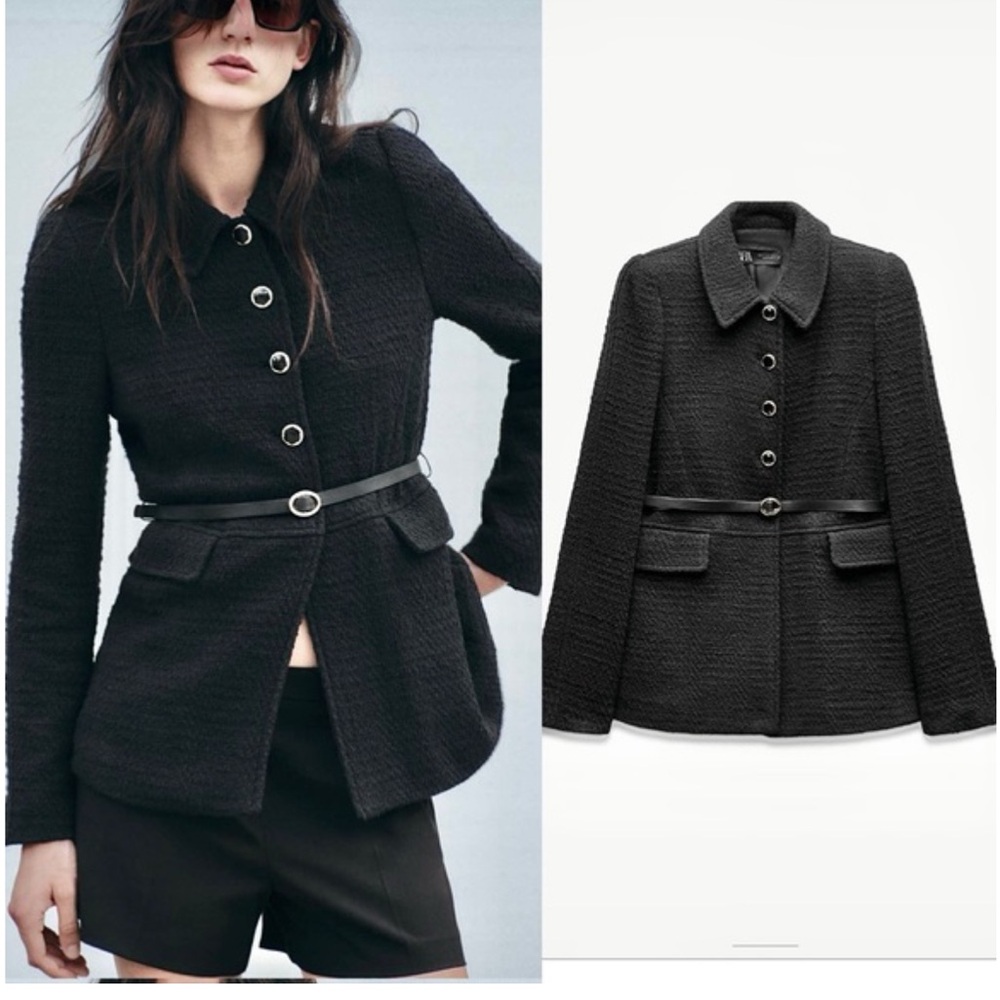 Zara Black Textured Button Jacket with Belt